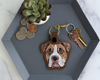Brindle Pit Bull Terrier Keychain | Handmade Embroidered Staffordshire Bull Terrier Dog Key Fob | Gift for Staffy Pet Parent or Dog Lover