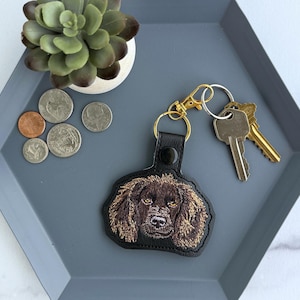 May include: A black leather keychain with a gold clasp and a detailed embroidered image of a brown dog's face. The keychain is on a gray tray with coins and a small succulent plant.