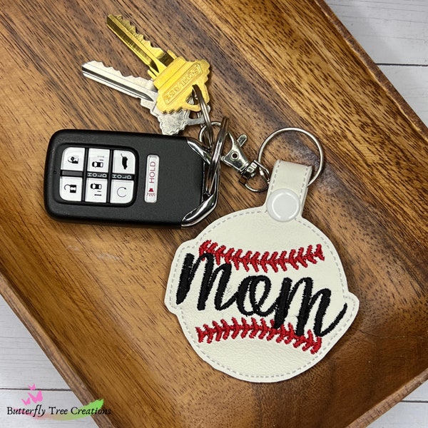 Baseball Mom Embroidered Keychain - Handmade Faux Leather Bag Charm Gift for Moms