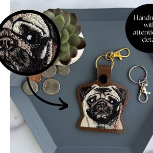 Realistic Pug Keychain: Embroidered Faux Leather Key Fob or Bag Charm, Great Gift for Dog Lover! image 3
