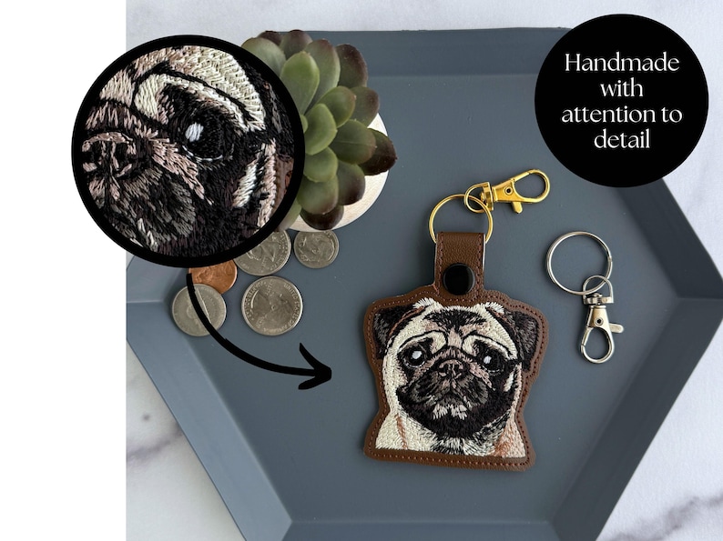 Realistic Pug Keychain: Embroidered Faux Leather Key Fob or Bag Charm, Great Gift for Dog Lover! image 3