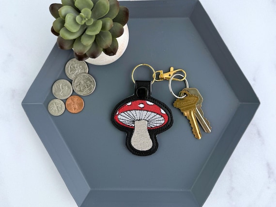 Embroidered Mushroom Keychain, Toadstool Cottage Fairy Garden Key Fob or Bag Charm