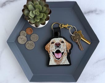 Realistic Yellow Lab Keychain: Embroidered Labrador Retriever Key Fob or Bag Charm, Great gift for dog lover.