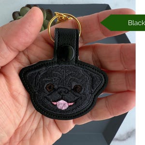 Pug Dog Embroidered Keychain, Gift for Dog Lover, Snap Tab Key Fob or Bag Charm, Black or Fawn Black