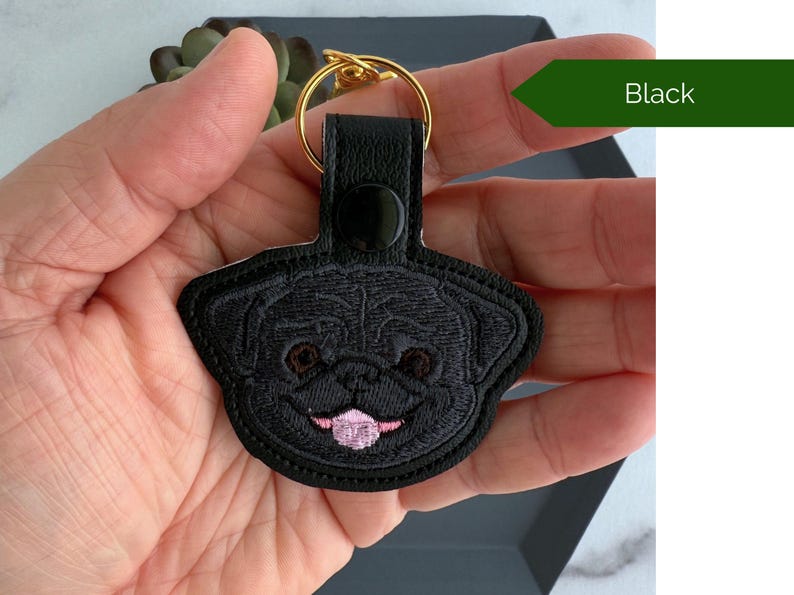 Pug Dog Embroidered Keychain, Gift for Dog Lover, Snap Tab Key Fob or Bag Charm, Black or Fawn Black