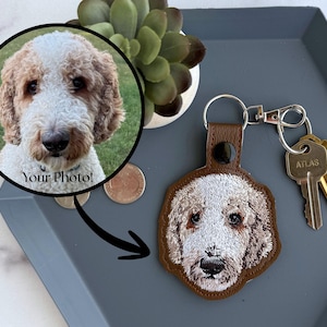 May include: A brown leather keychain featuring a circular embroidered patch of a curly-haired dog with white and tan fur. The keychain includes a silver metal ring with two keys attached. A circular inset shows the original photo of the dog.