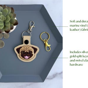 Pug Dog Embroidered Keychain, Gift for Dog Lover, Snap Tab Key Fob or Bag Charm, Black or Fawn image 4