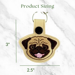 Pug Dog Embroidered Keychain, Gift for Dog Lover, Snap Tab Key Fob or Bag Charm, Black or Fawn image 2