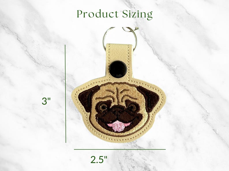 Pug Dog Embroidered Keychain, Gift for Dog Lover, Snap Tab Key Fob or Bag Charm, Black or Fawn image 2