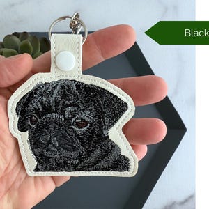 Realistic Pug Keychain: Embroidered Faux Leather Key Fob or Bag Charm, Great Gift for Dog Lover! Black Pug