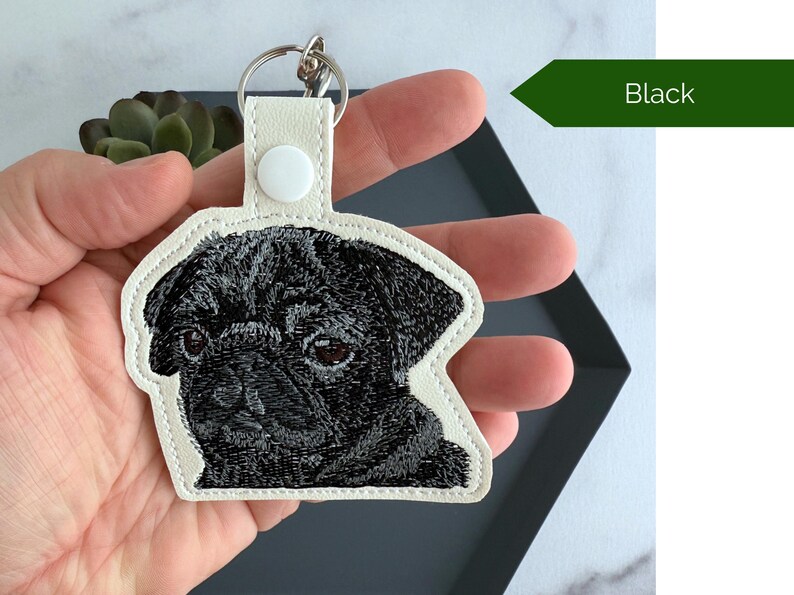 Realistic Pug Keychain: Embroidered Faux Leather Key Fob or Bag Charm, Great Gift for Dog Lover! Black Pug