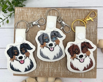 Australian Shepherd Keychain: Embroidered Faux Leather for Bag Charm or Key Fob