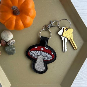Embroidered Mushroom Keychain, Toadstool Cottage Fairy Garden Key Fob or Bag Charm, Great Gift for Nature Lover