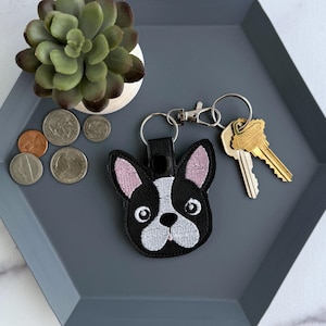 Boston Terrier Dog Snap Tab Embroidered Keychain, Key Fob, Bag Charm