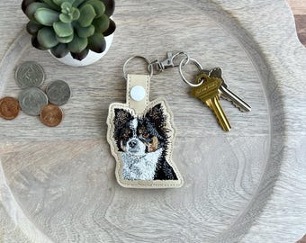 Tri Color Long Hair Chihuahua Keychain: Embroidered Key Fob or Bag Charm, Great gift for Dog Lover