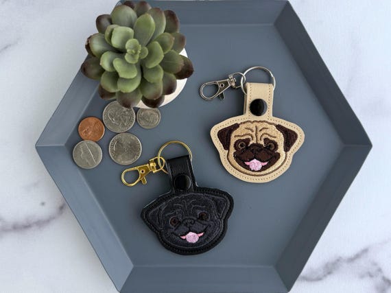 Pug Dog Embroidered Keychain, Gift for Dog Lover, Snap Tab Key Fob or Bag Charm, Black or Fawn