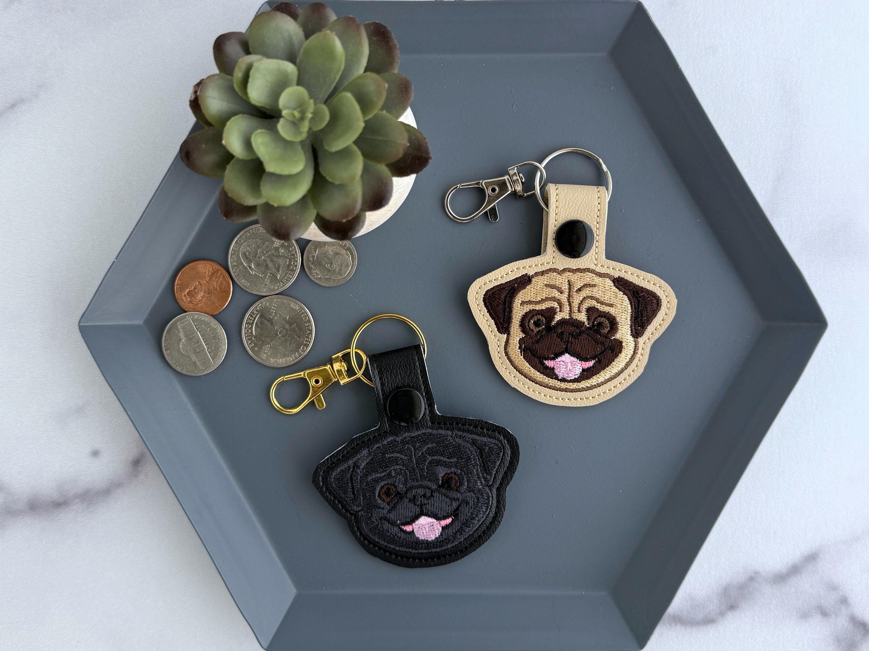 Pug Dog Embroidered Keychain, Gift for Dog Lover, Snap Tab Key Fob or Bag Charm, Black or Fawn