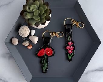 August Birth Flower Keychain | Embroidered Gladiolus or Poppy Flower Keyfob or Bag Charm | Great gift for Mom