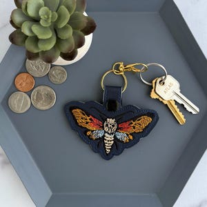 Death's Head Hawkmoth Keychain, Embroidered Witchy Halloween Autumn Key Fob or Bag Charm, Great Gift for Moth Lover