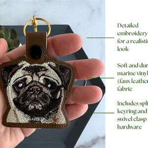 Realistic Pug Keychain: Embroidered Faux Leather Key Fob or Bag Charm, Great Gift for Dog Lover! image 4