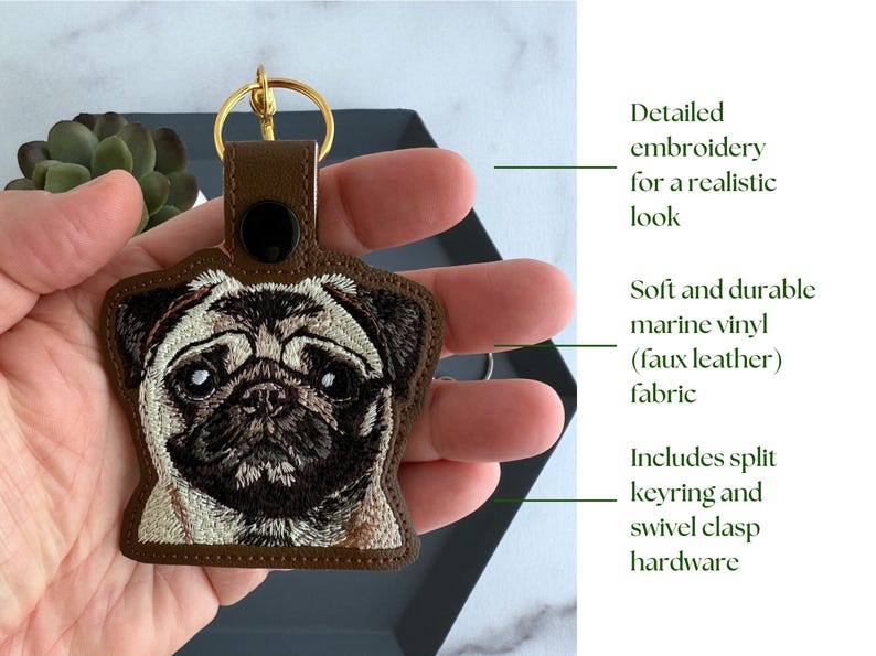 Realistic Pug Keychain: Embroidered Faux Leather Key Fob or Bag Charm, Great Gift for Dog Lover! image 4