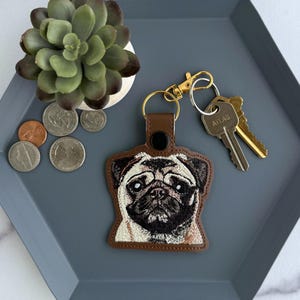 Realistic Pug Keychain: Embroidered Faux Leather Key Fob or Bag Charm, Great Gift for Dog Lover! image 1