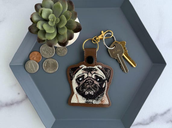 Embroidered Fawn Pug Keychain: Realistic Dog Breed Key Fob or Bag Charm