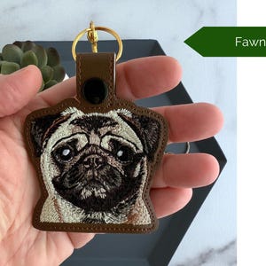 Realistic Pug Keychain: Embroidered Faux Leather Key Fob or Bag Charm, Great Gift for Dog Lover! Fawn Pug