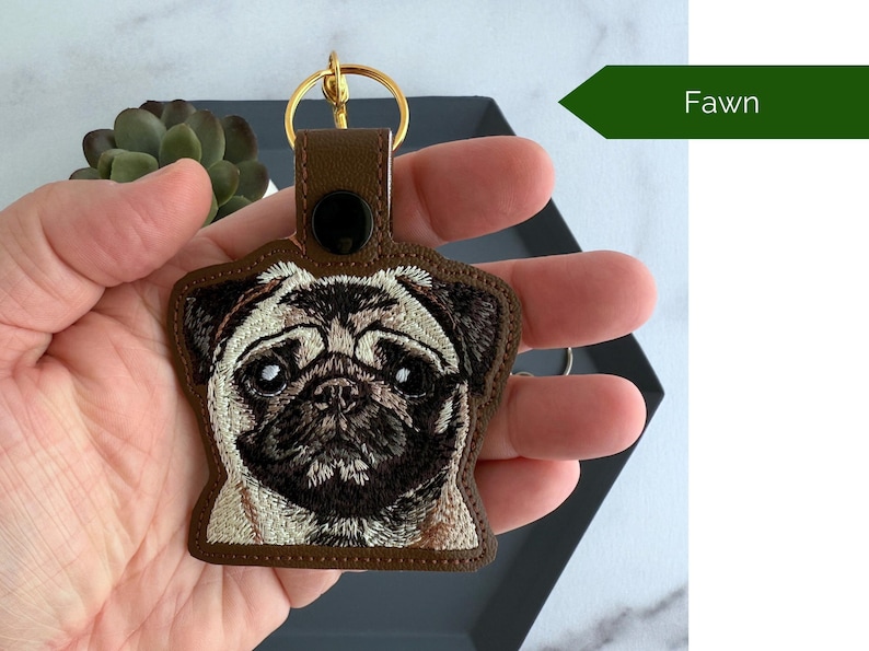 Realistic Pug Keychain: Embroidered Faux Leather Key Fob or Bag Charm, Great Gift for Dog Lover! Fawn Pug