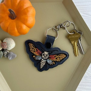 Death's Head Hawkmoth Keychain, Embroidered Witchy Halloween Autumn Key Fob or Bag Charm, Great Gift for Moth Lover