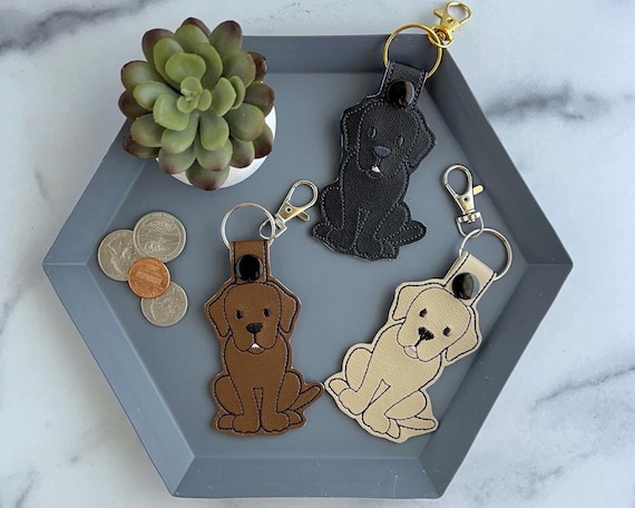 Lab Puppy Keychain: Embroidered Faux Leather for Bag Charm or Key Fob, Black, Yellow, Chocolate Lab