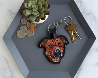 Red Staffordshire Bull Terrier Keychain | Handmade Embroidered Pit Bull Dog Key Fob | Gift for Staffy Pet Parent or Dog Lover