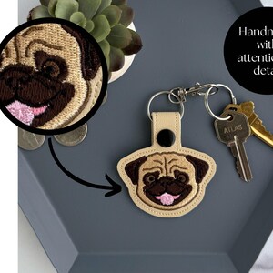Pug Dog Embroidered Keychain, Gift for Dog Lover, Snap Tab Key Fob or Bag Charm, Black or Fawn image 3