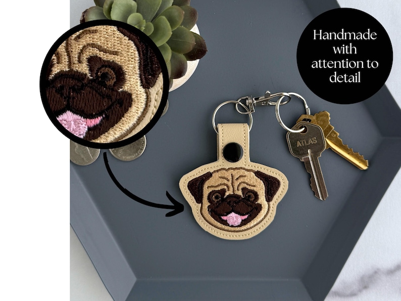 Pug Dog Embroidered Keychain, Gift for Dog Lover, Snap Tab Key Fob or Bag Charm, Black or Fawn image 3