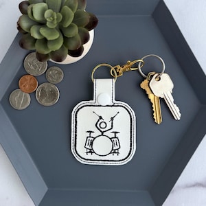 Embroidered Percussion Drum Set Keychain - Handmade Key Fob or Bag Charm - Great Gift for Musician