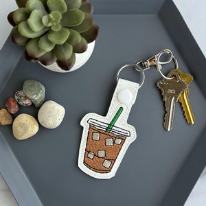 Embroidered Iced Coffee Keychain, Cold Brew Key Fob or Bag Charm, Great Gift for Coffee Lover
