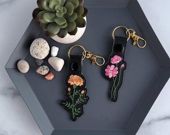October Birth Flower Keychain | Embroidered Marigold or Cosmos Flower Keyfob or Bag Charm | Great gift for Mom