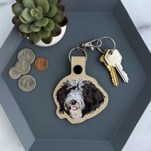 May include: A beige leather keychain with a black button and a silver clasp, featuring an embroidered image of a dog with black and white fur. The keychain holds two keys. A small succulent plant and coins are also present.