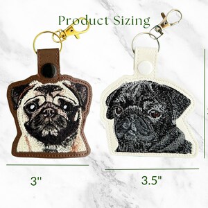 Realistic Pug Keychain: Embroidered Faux Leather Key Fob or Bag Charm, Great Gift for Dog Lover! image 2