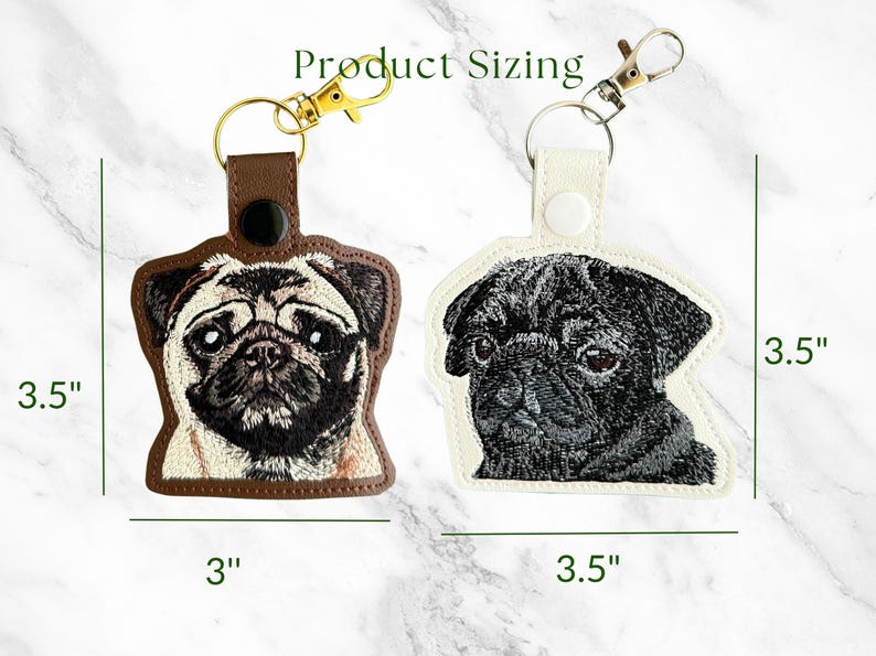 Realistic Pug Keychain: Embroidered Faux Leather Key Fob or Bag Charm, Great Gift for Dog Lover! image 2