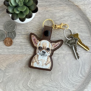 Handmade Chihuahua Embroidered Keychain - Gift For Dog Lover - Key Fob or Bag Charm