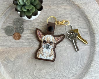Handmade Chihuahua Embroidered Keychain - Gift For Dog Lover - Key Fob or Bag Charm