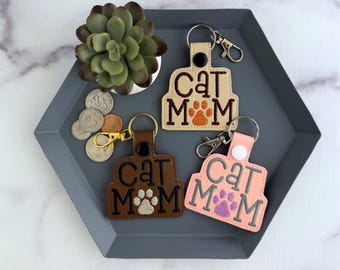 Cat Mom Embroidered Keychain - Handmade Snap Tab Keyring or Bag Charm - Cat Mom Gift