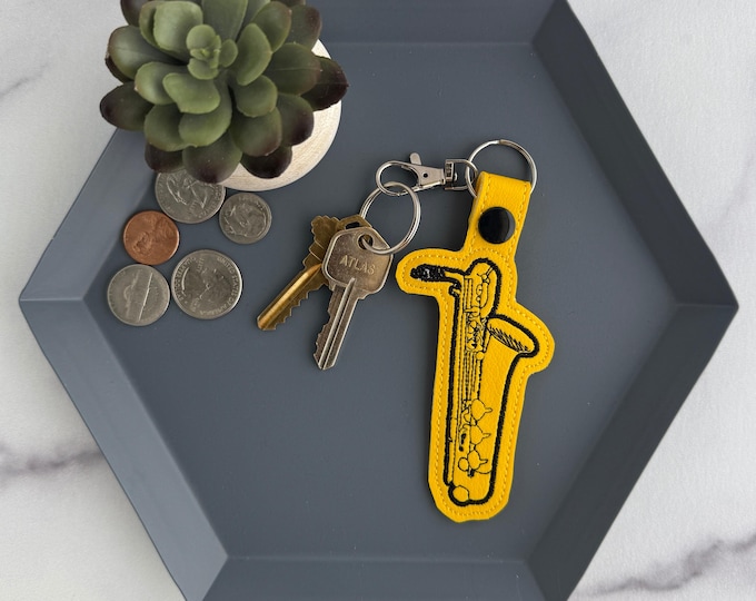 Embroidered Bari Sax Keychain - Baritone Saxophone - Handmade Key Fob or Bag Charm - Great gift for Woodwind Musician