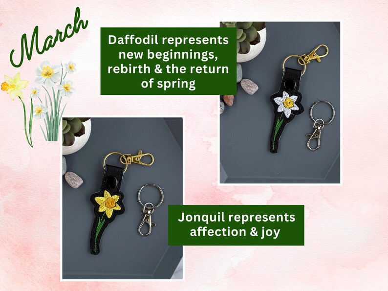 May include: Two keychains with embroidered daffodils. The keychain on the left features a yellow daffodil and the keychain on the right features a white daffodil. Both keychains have black leather straps and gold metal rings.