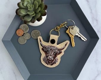 Embroidered Highland Cow Keychain | Handmade Key Fob or Bag Charm