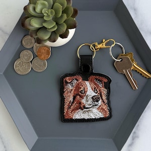 Realistic Border Collie Keychain | Handmade Embroidered Red and White Dog Key Fob | Gift for Pet Parent or Dog Lover