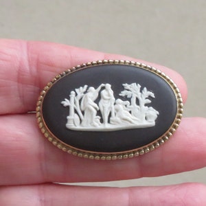 Vintage Gold on Sterling Silver Wedgwood Black Jasper Ware brooch - The Judgement of Hercules -  English made