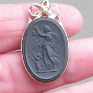 Vintage Gold on Sterling Silver Wedgwood Black Basalt pendant - Spring / Mother Love -  English made