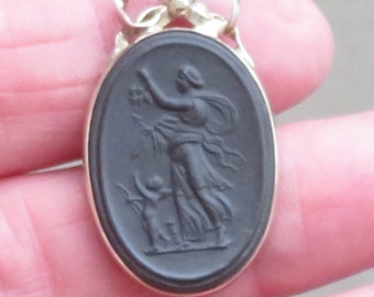 Vintage Gold on Sterling Silver Wedgwood Black Basalt pendant - Venus and Cupid -  English made